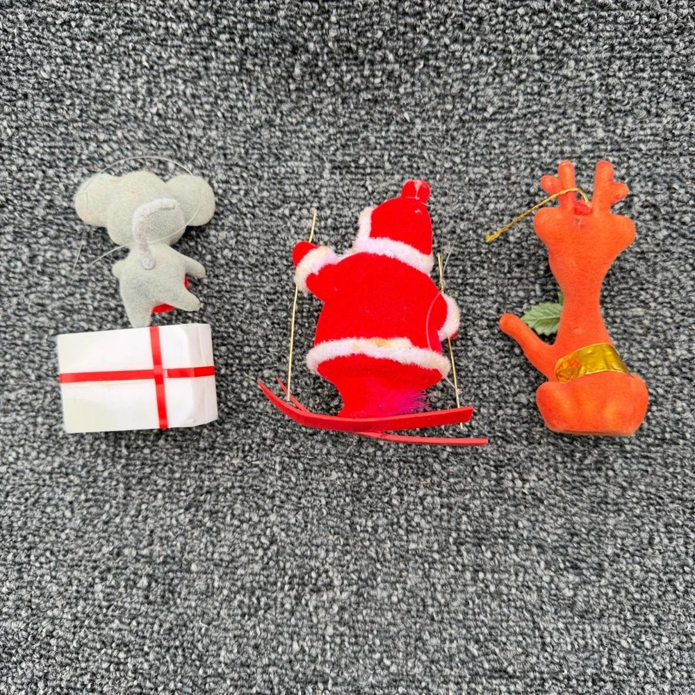 Vintage Flocked Christmas Ornaments Set Santa Skier Reindeer Mouse‎ Mid Century